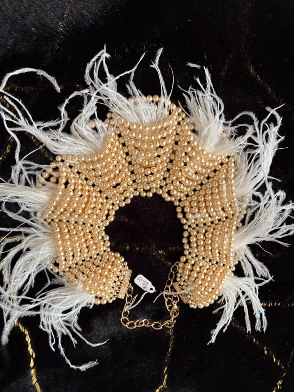 Champagne Pearl Necklace with White Feather Fringe